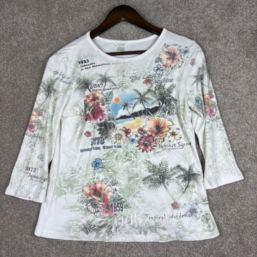Christopher & Banks Tropical Floral 3/4 Sleeve Top White Small Rhinestone Beach
